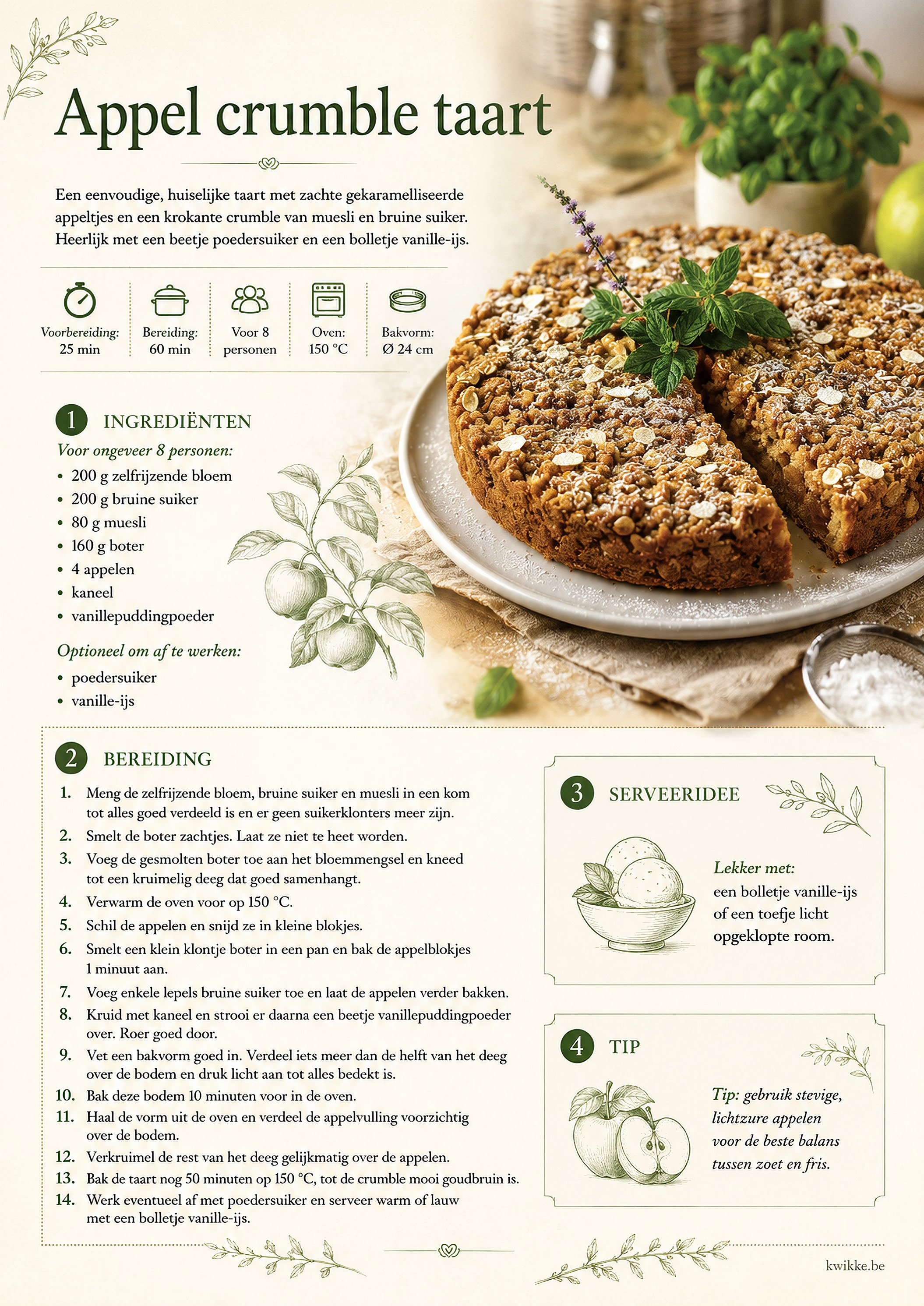 Receptkaart voor appel crumble taart met ingrediënten, bereiding en tip