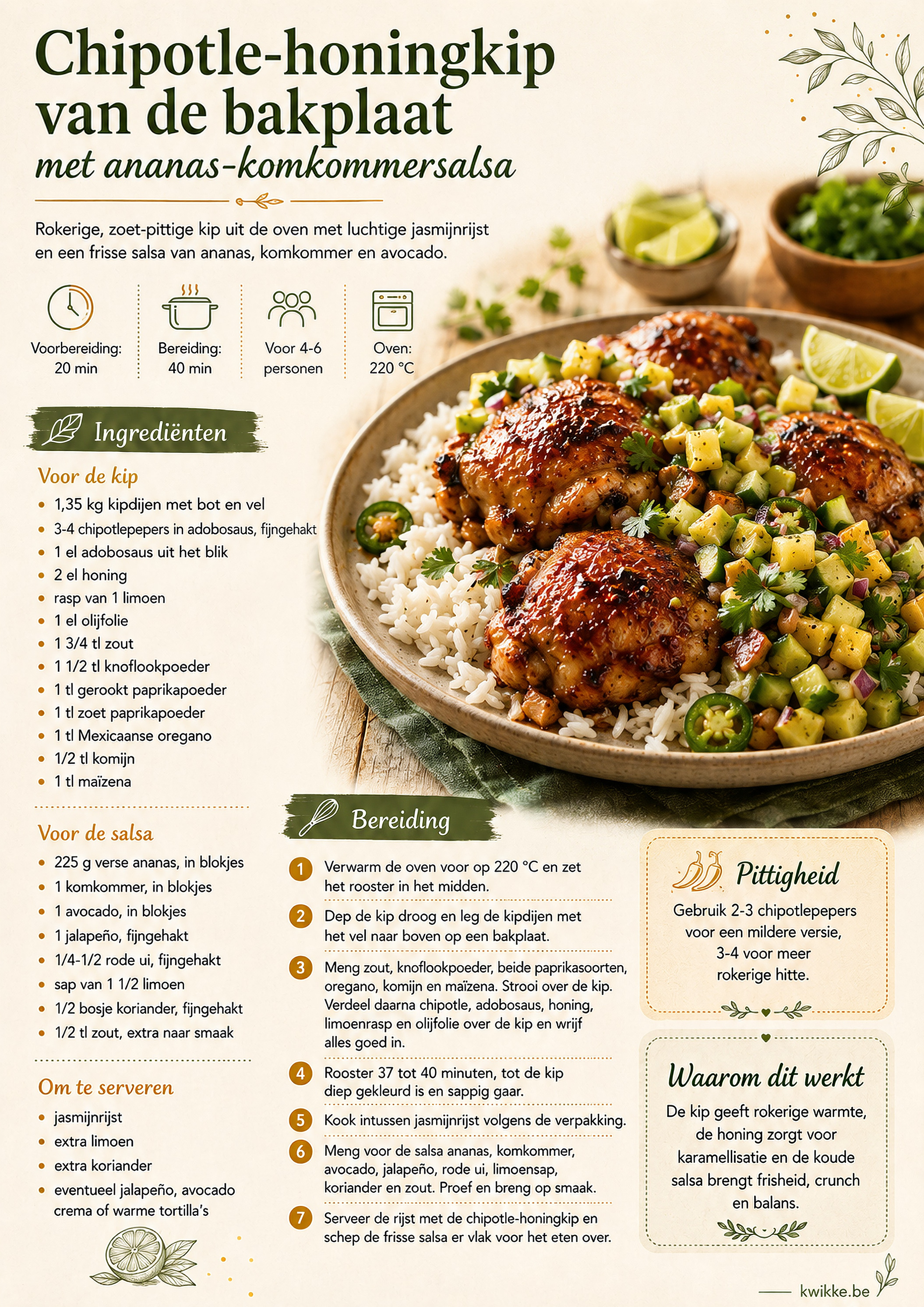 Receptkaart voor chipotle-honingkip van de bakplaat met ananas-komkommersalsa