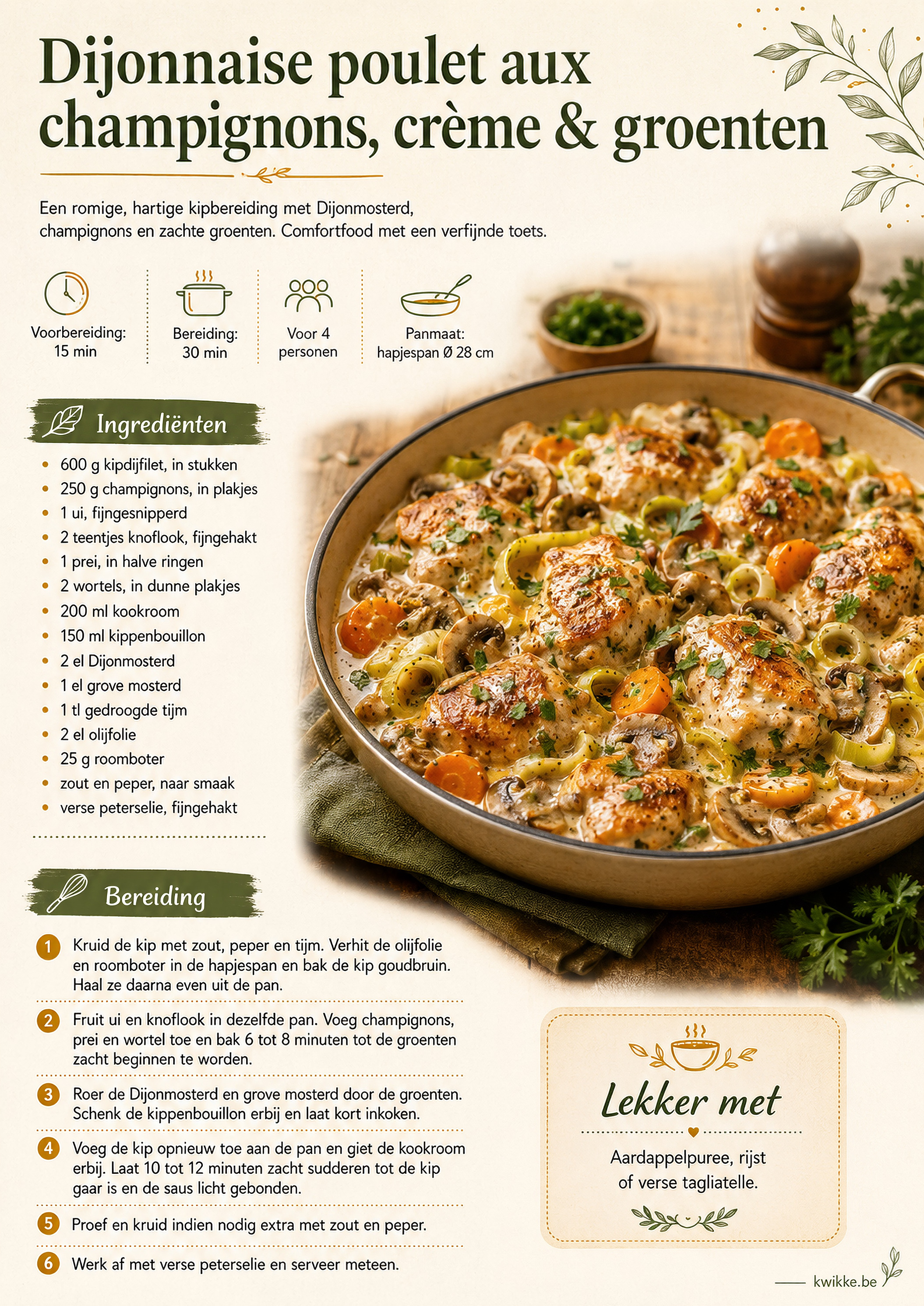 Receptkaart voor dijonnaise poulet aux champignons met crème en groenten