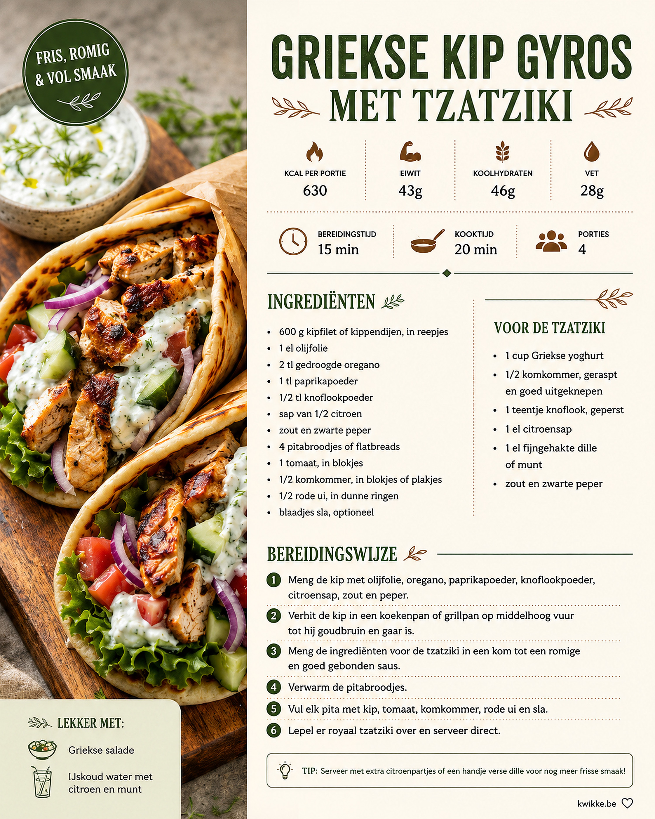 Receptkaart voor Griekse kip gyros met tzatziki en voedingswaarden
