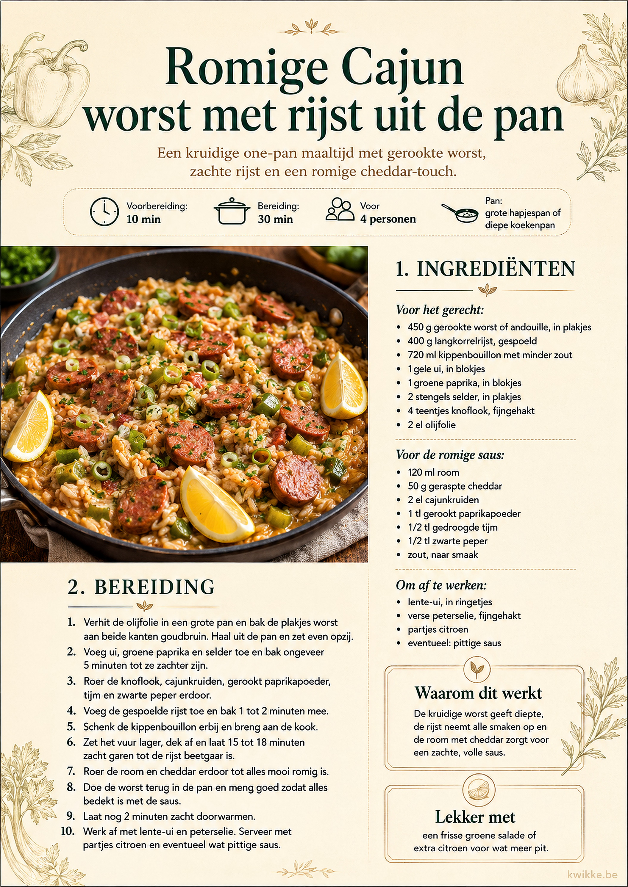 Receptkaart voor romige Cajun worst met rijst uit de pan