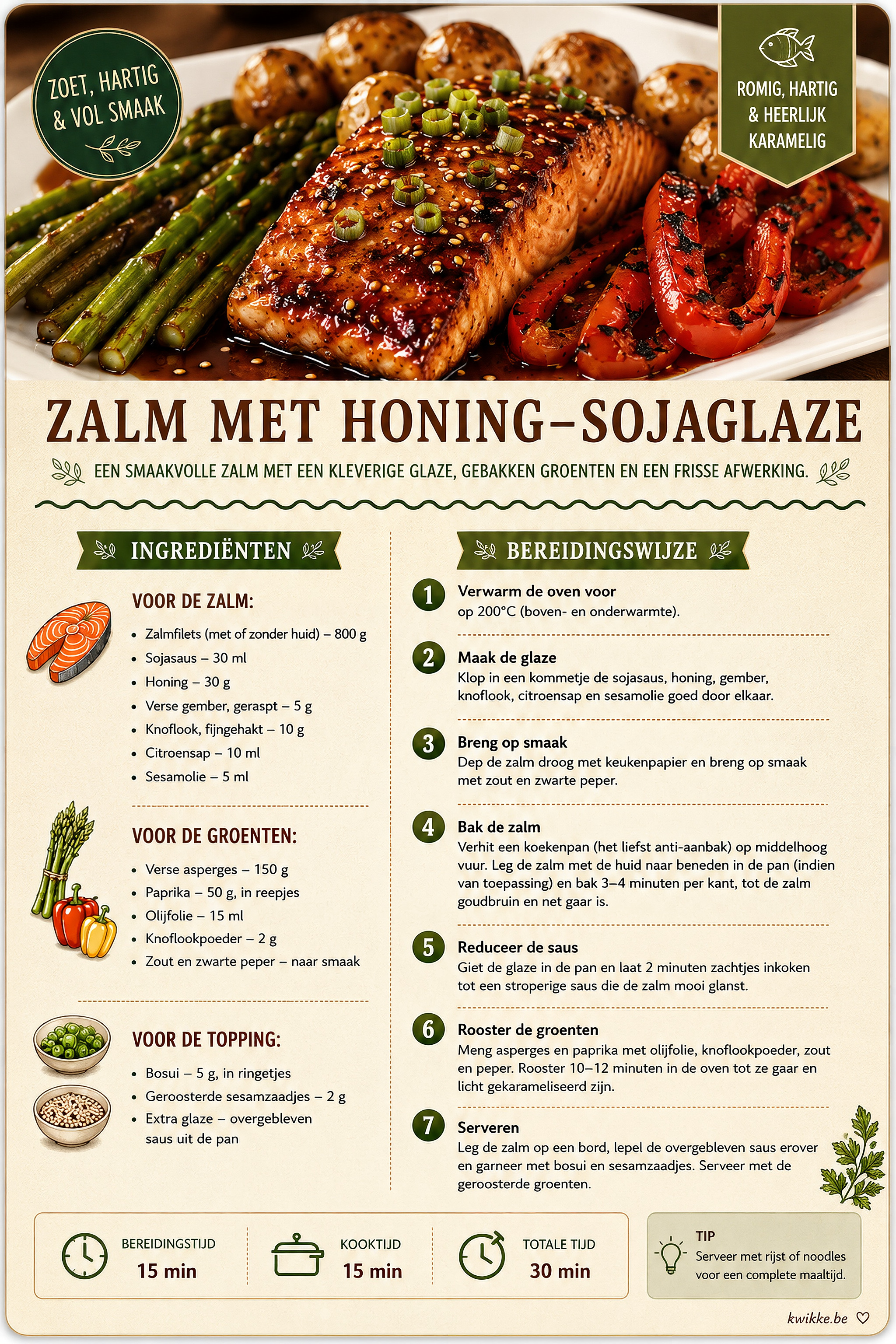 Receptkaart voor zalm met honing-sojaglaze, asperges en paprika