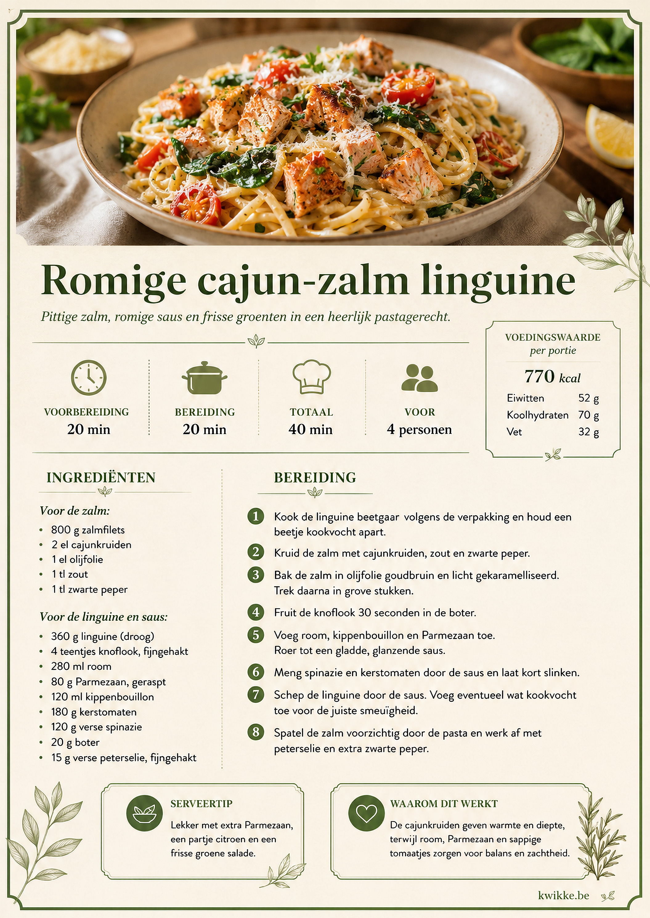 Receptkaart voor romige cajun-zalm linguine met spinazie en tomaat